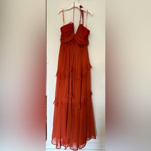 KIANDRA CHIFFON HALTER TIERED RUFFLE TRIM MAXI DRESS - RUST - LAST CHANCE